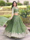 Awesome Green Zari Embroidered Crushed Mehendi Wear Lehenga Choli With Dupatta