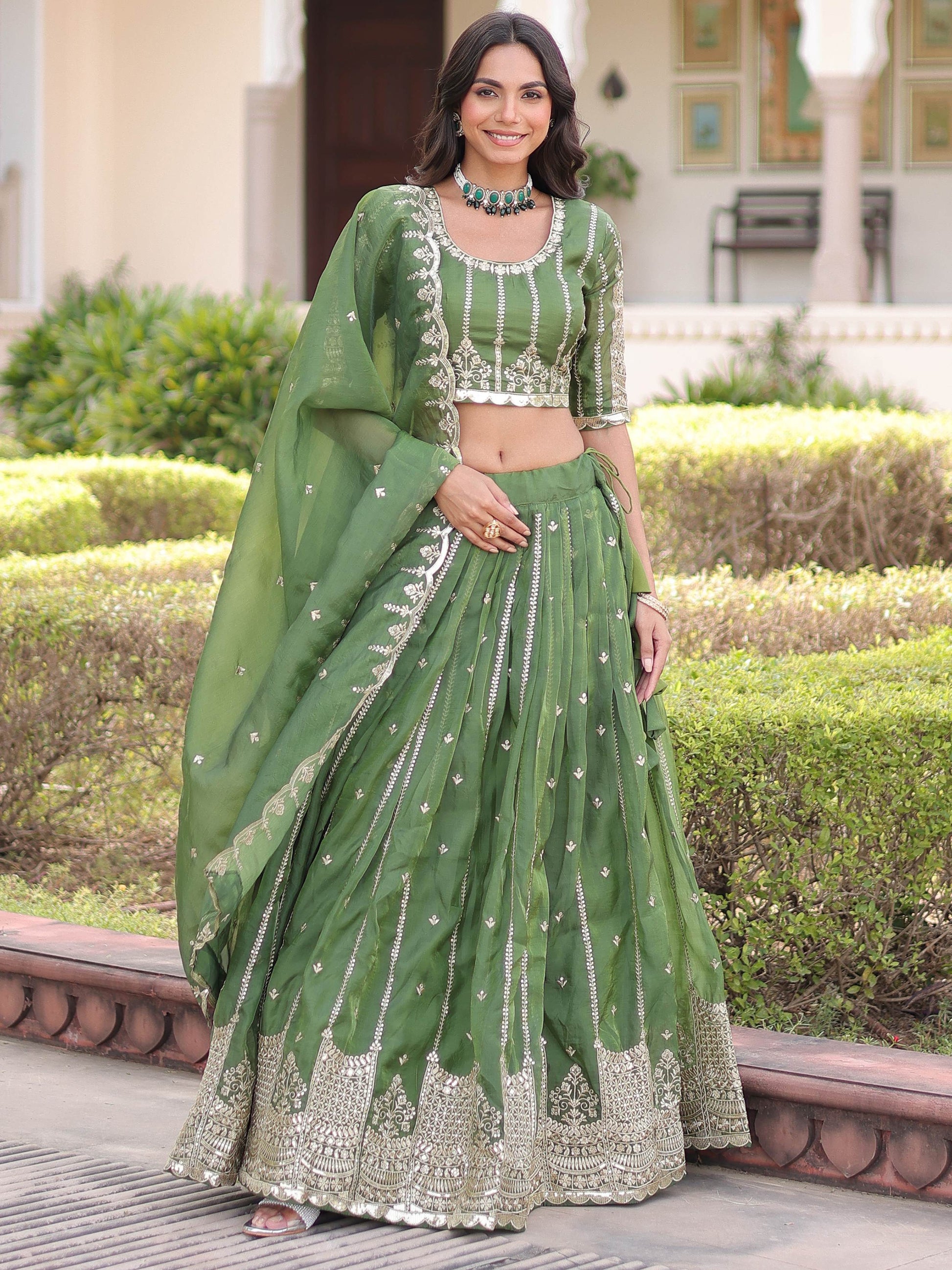 Awesome Green Zari Embroidered Crushed Mehendi Wear Lehenga Choli With Dupatta