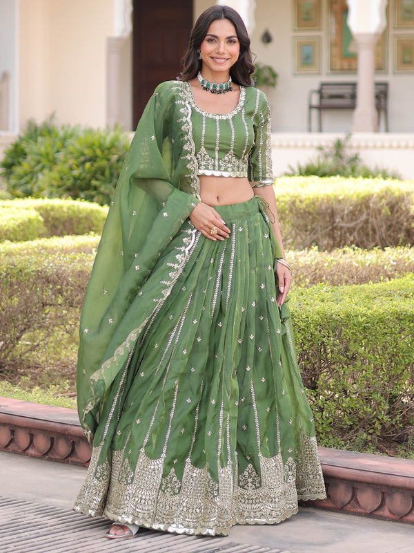 Awesome Green Zari Embroidered Crushed Mehendi Wear Lehenga Choli With Dupatta