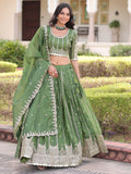 Awesome Green Zari Embroidered Crushed Mehendi Wear Lehenga Choli With Dupatta