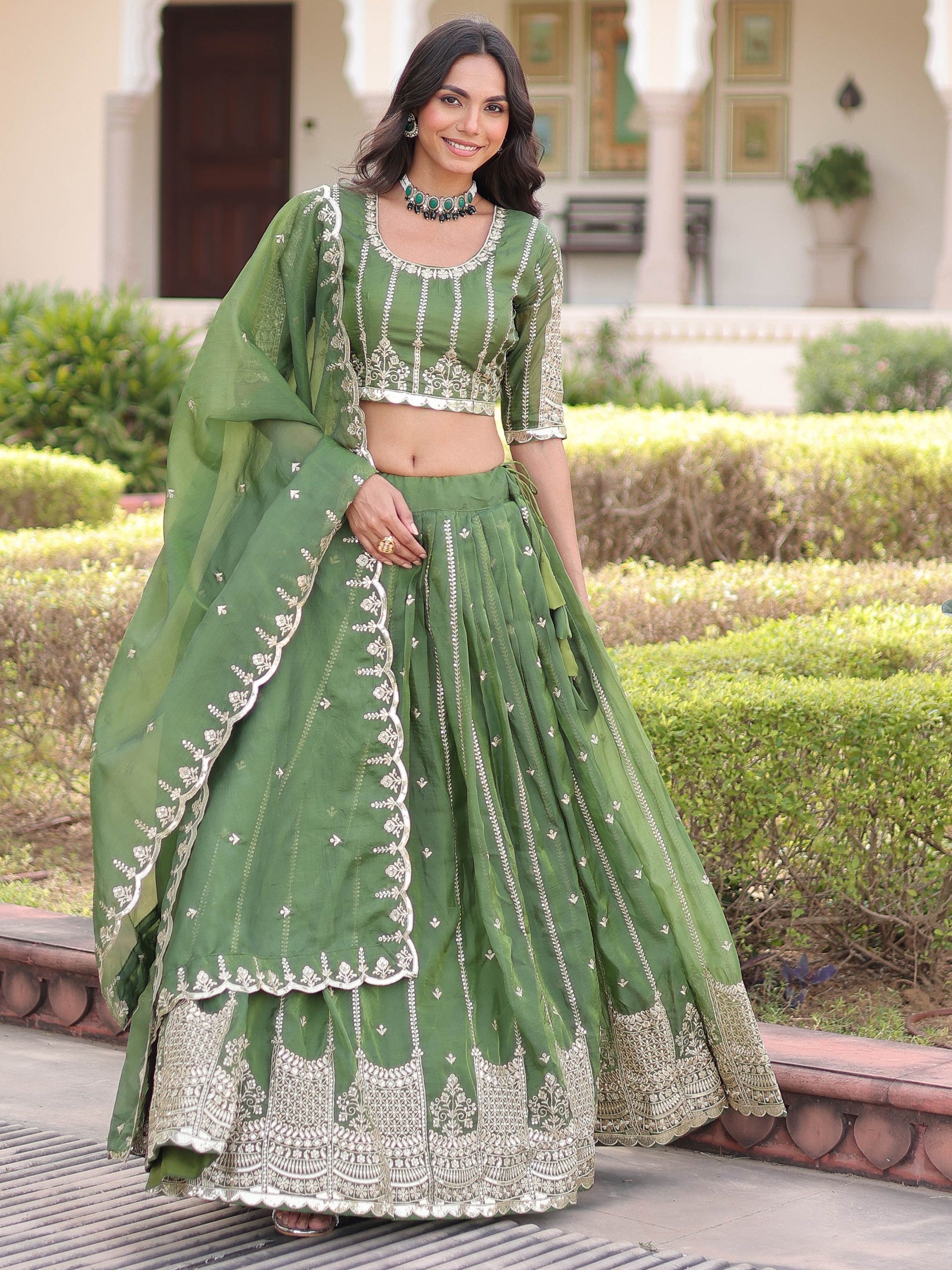 Awesome Green Zari Embroidered Crushed Mehendi Wear Lehenga Choli With Dupatta