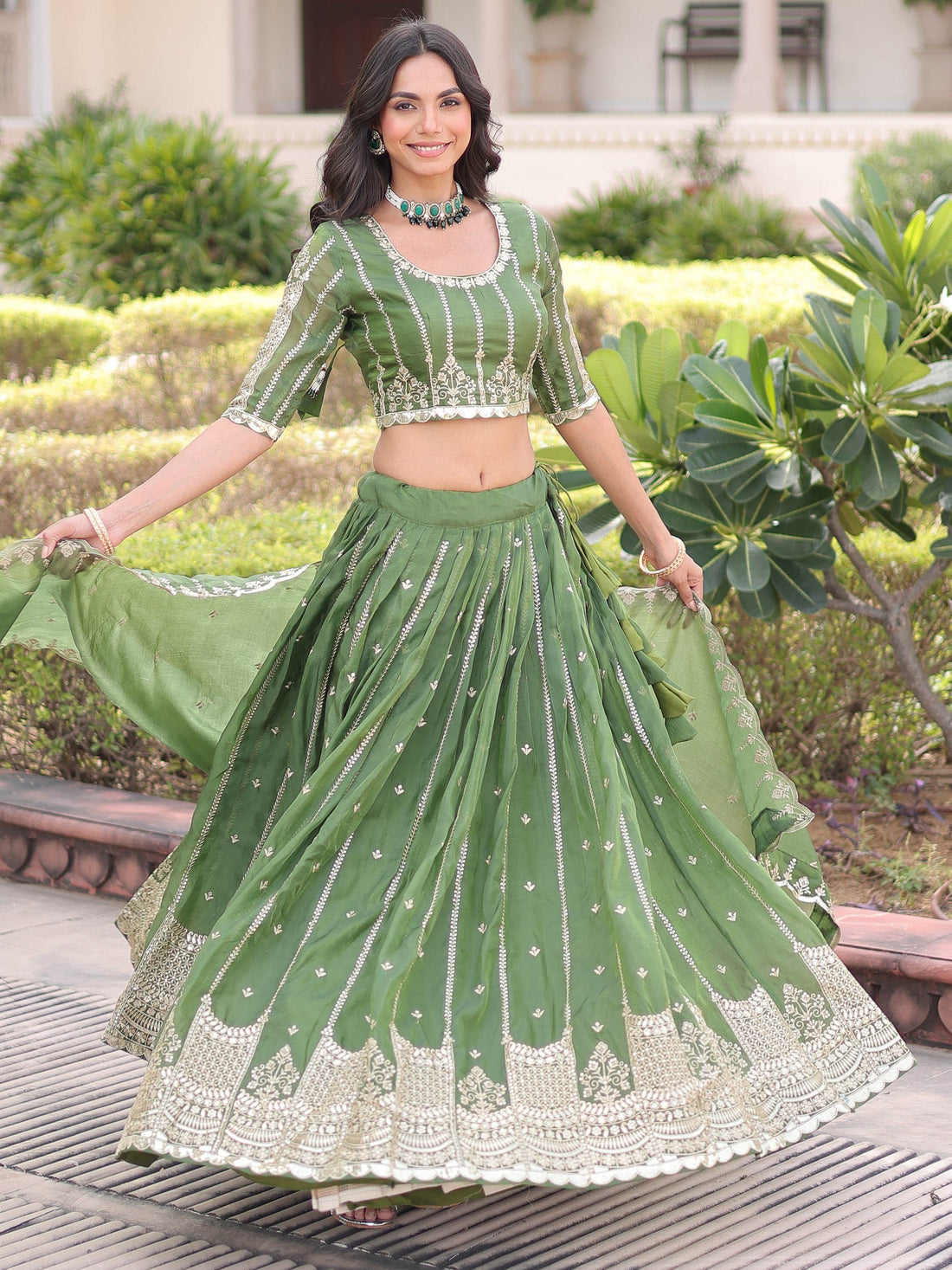 Awesome Green Zari Embroidered Crushed Mehendi Wear Lehenga Choli With Dupatta