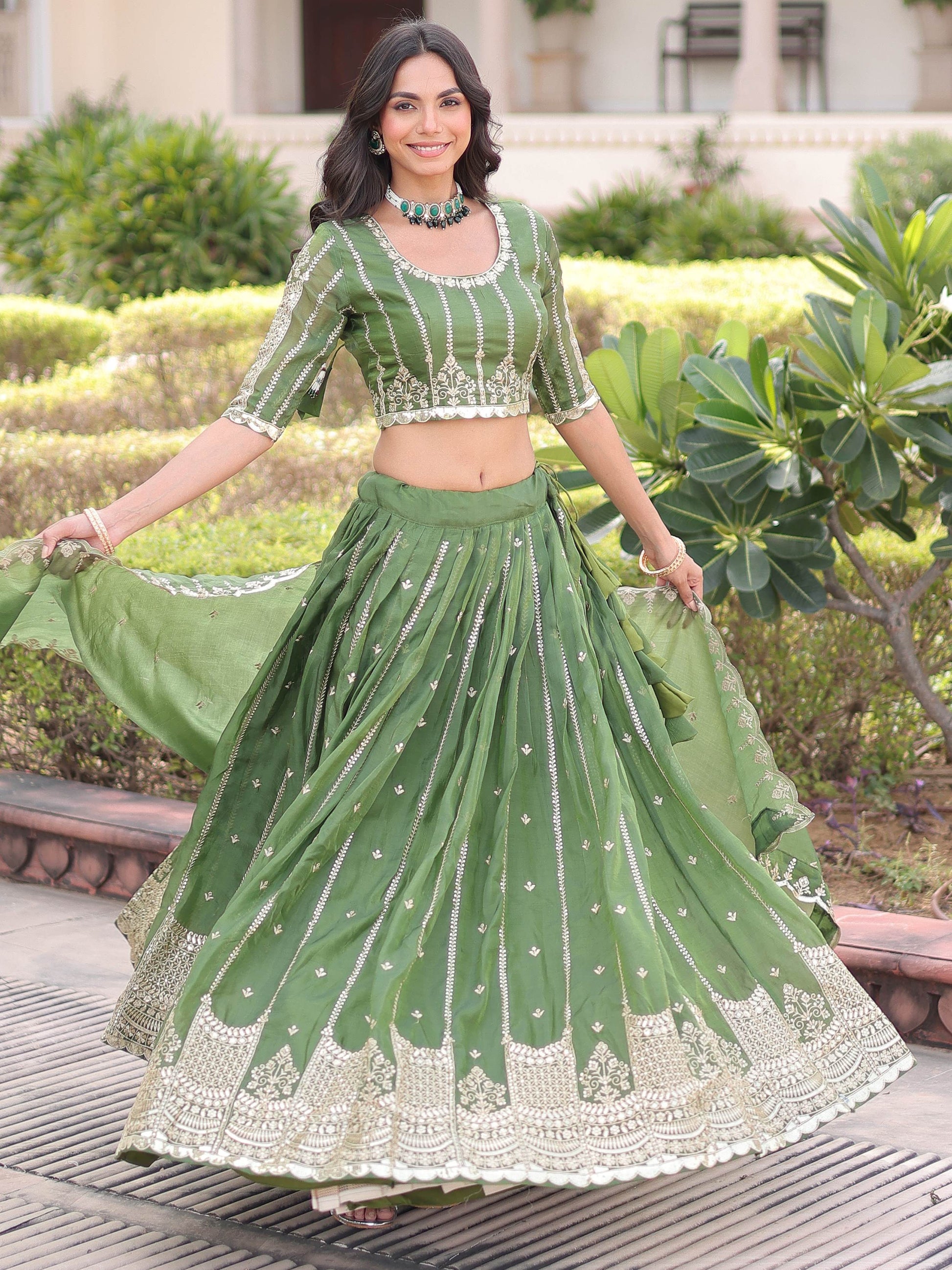 Awesome Green Zari Embroidered Crushed Mehendi Wear Lehenga Choli With Dupatta