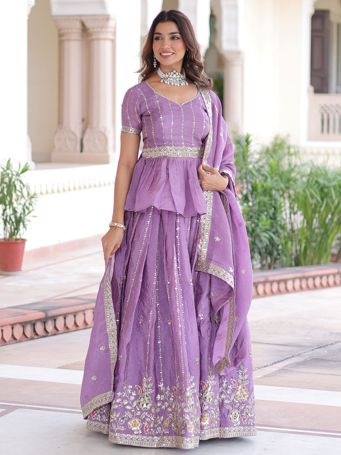 Gorgeous Lavender Sequins Work Crushed Bridesmaid Lehenga With Peplum Top