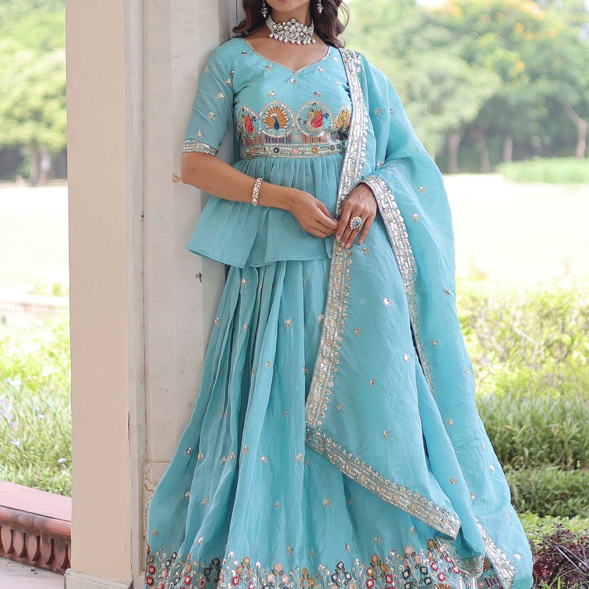Charming Sky Blue Thread Work Silk Designer Lehenga With Peplum Top