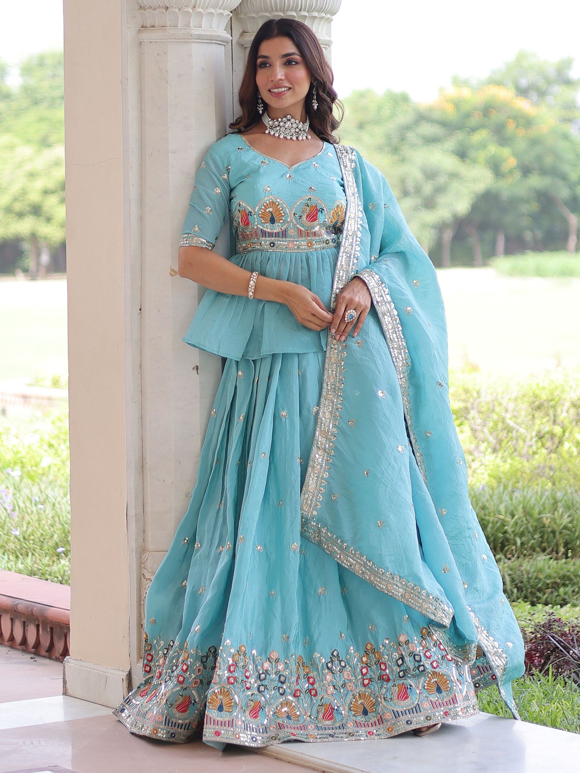 Charming Sky Blue Thread Work Silk Designer Lehenga With Peplum Top