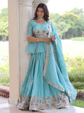 Charming Sky Blue Thread Work Silk Designer Lehenga With Peplum Top
