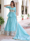 Charming Sky Blue Thread Work Silk Designer Lehenga With Peplum Top