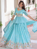 Charming Sky Blue Thread Work Silk Designer Lehenga With Peplum Top