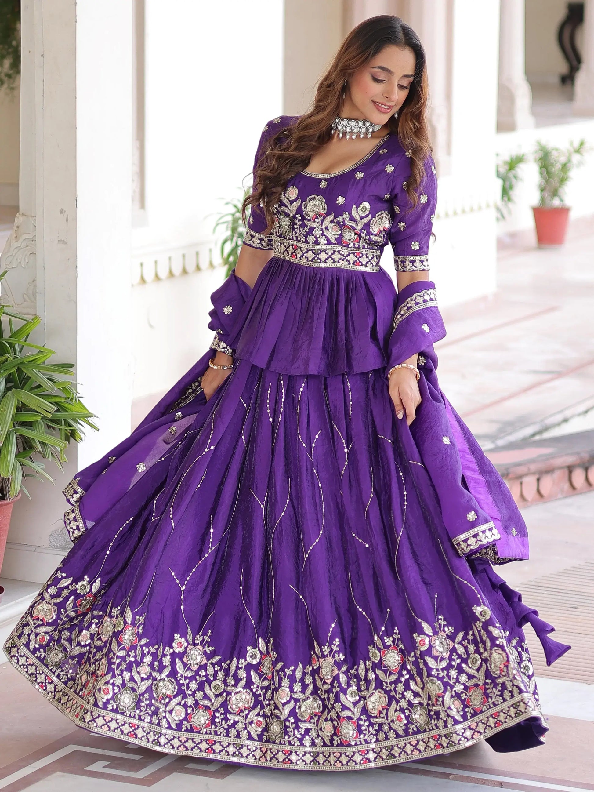 Lovely Purple Multi Thread Work Organza Bridesmaid Lehenga With Peplum Blouse