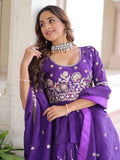 Lovely Purple Multi Thread Work Organza Bridesmaid Lehenga With Peplum Blouse