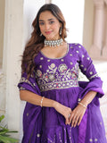 Lovely Purple Multi Thread Work Organza Bridesmaid Lehenga With Peplum Blouse