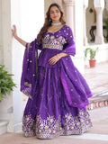 Lovely Purple Multi Thread Work Organza Bridesmaid Lehenga With Peplum Blouse