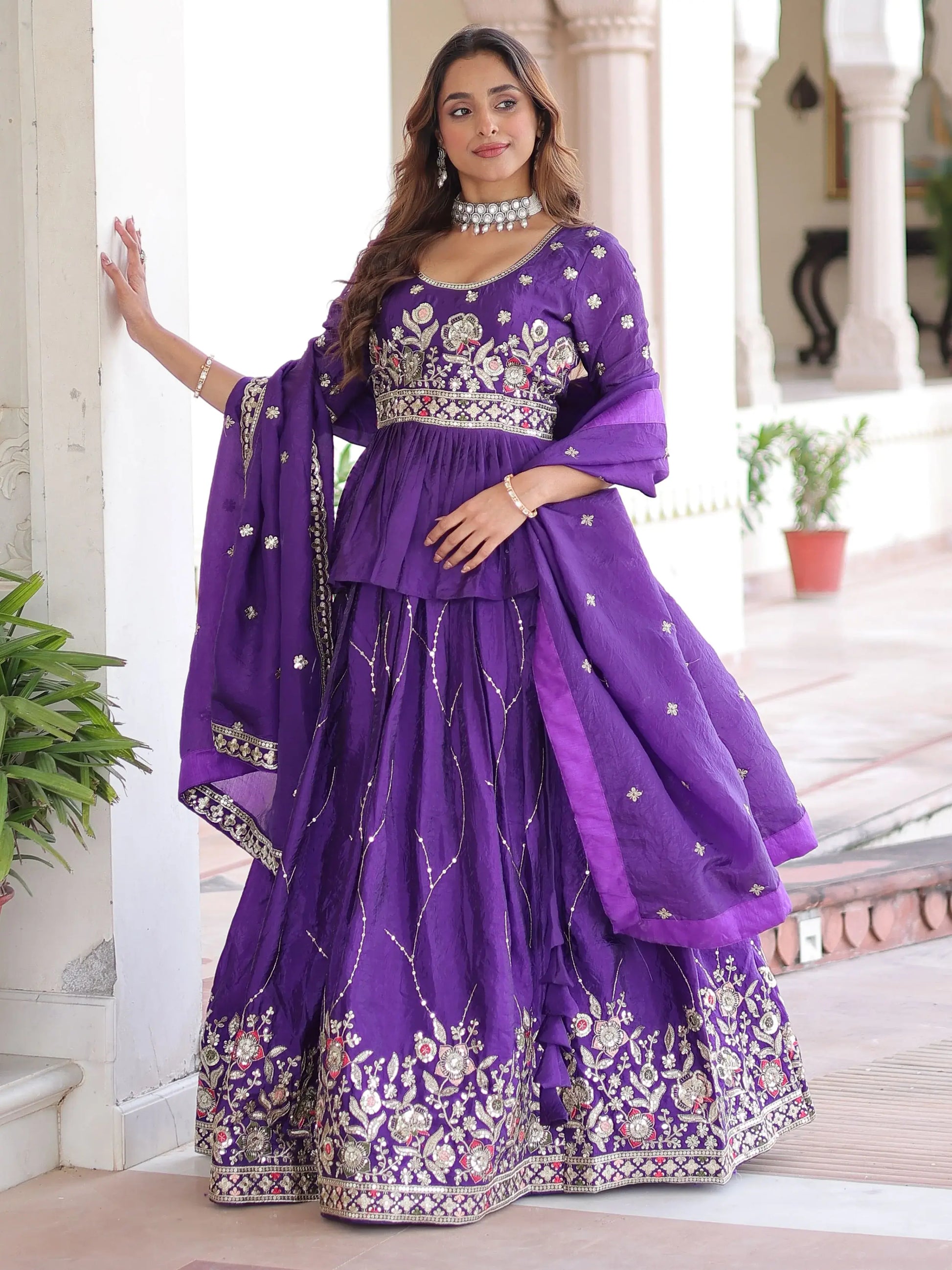 Lovely Purple Multi Thread Work Organza Bridesmaid Lehenga With Peplum Blouse