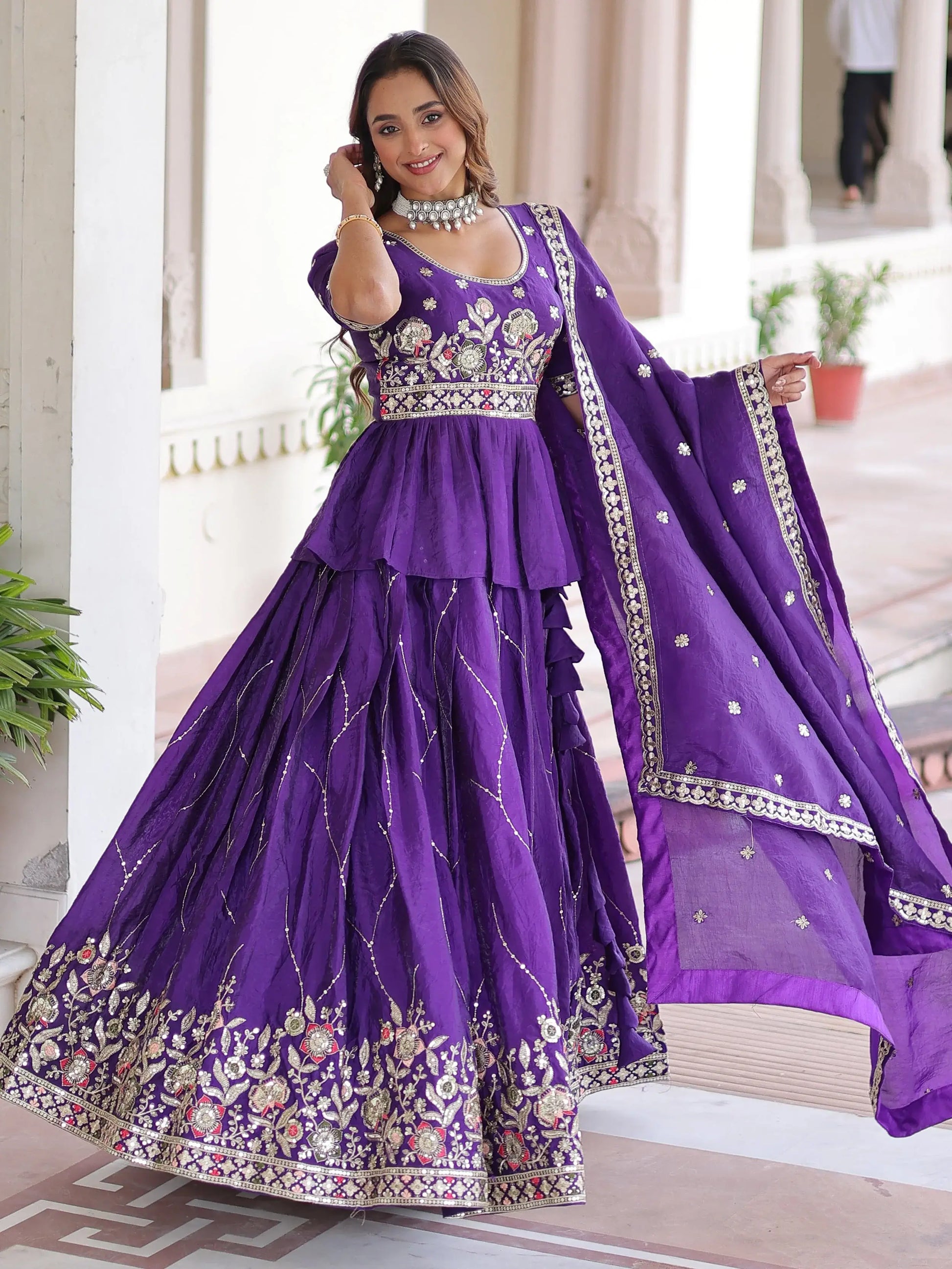 Lovely Purple Multi Thread Work Organza Bridesmaid Lehenga With Peplum Blouse