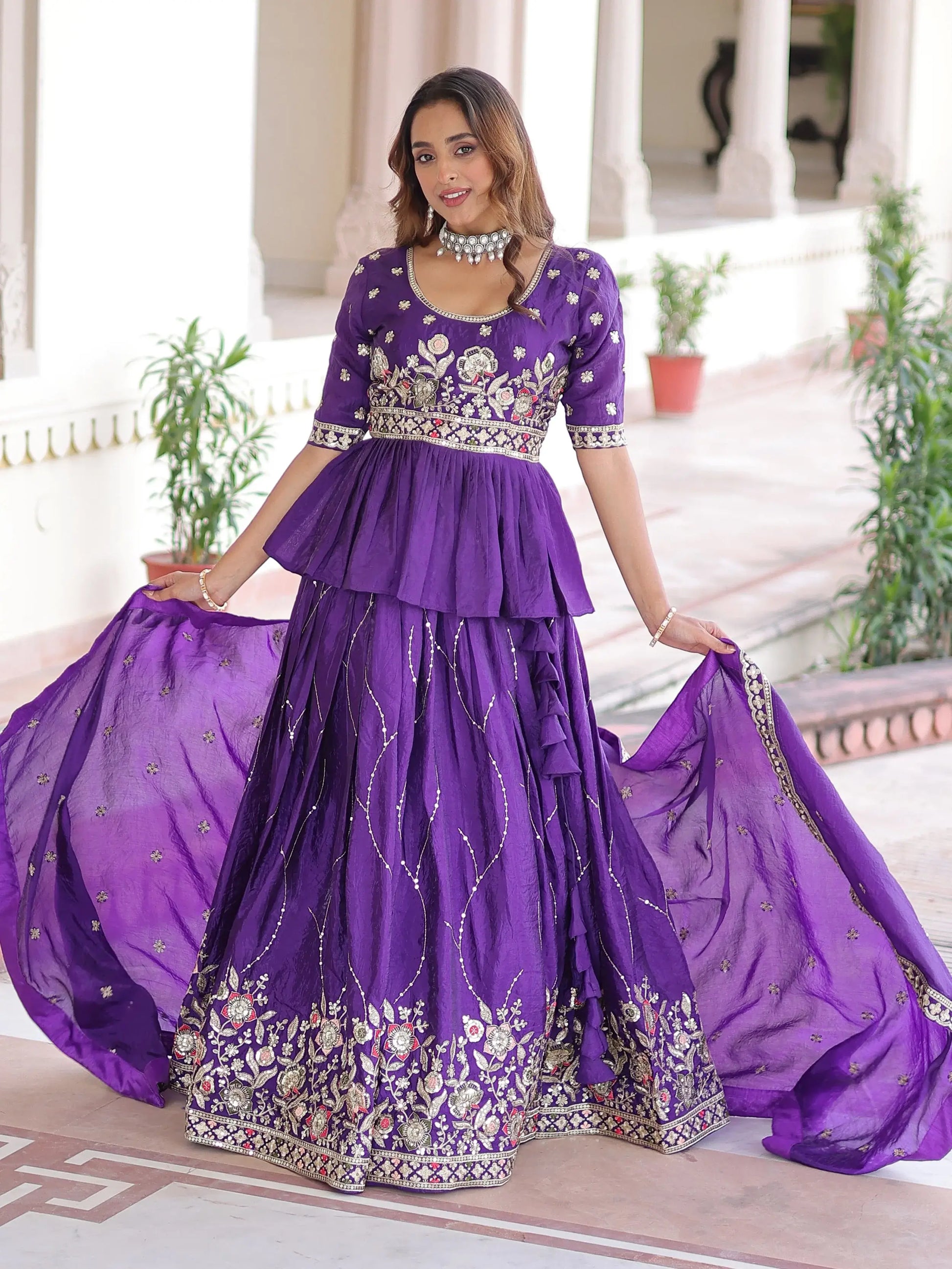Lovely Purple Multi Thread Work Organza Bridesmaid Lehenga With Peplum Blouse