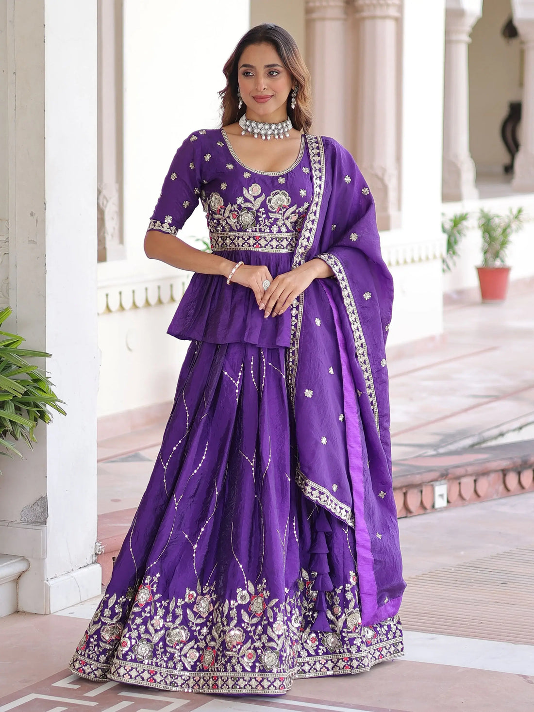 Lovely Purple Multi Thread Work Organza Bridesmaid Lehenga With Peplum Blouse