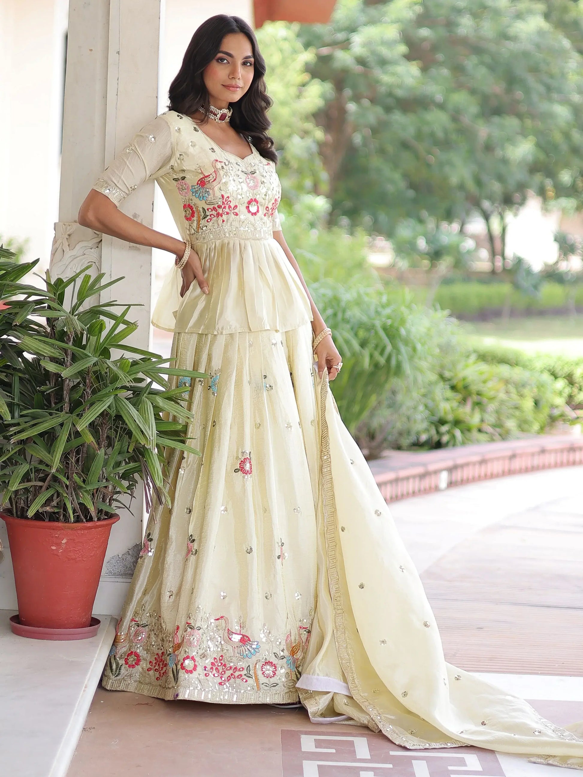 Wonderful Cream Sequins Work Organza Event Wear Lehenga With Peplum Top
