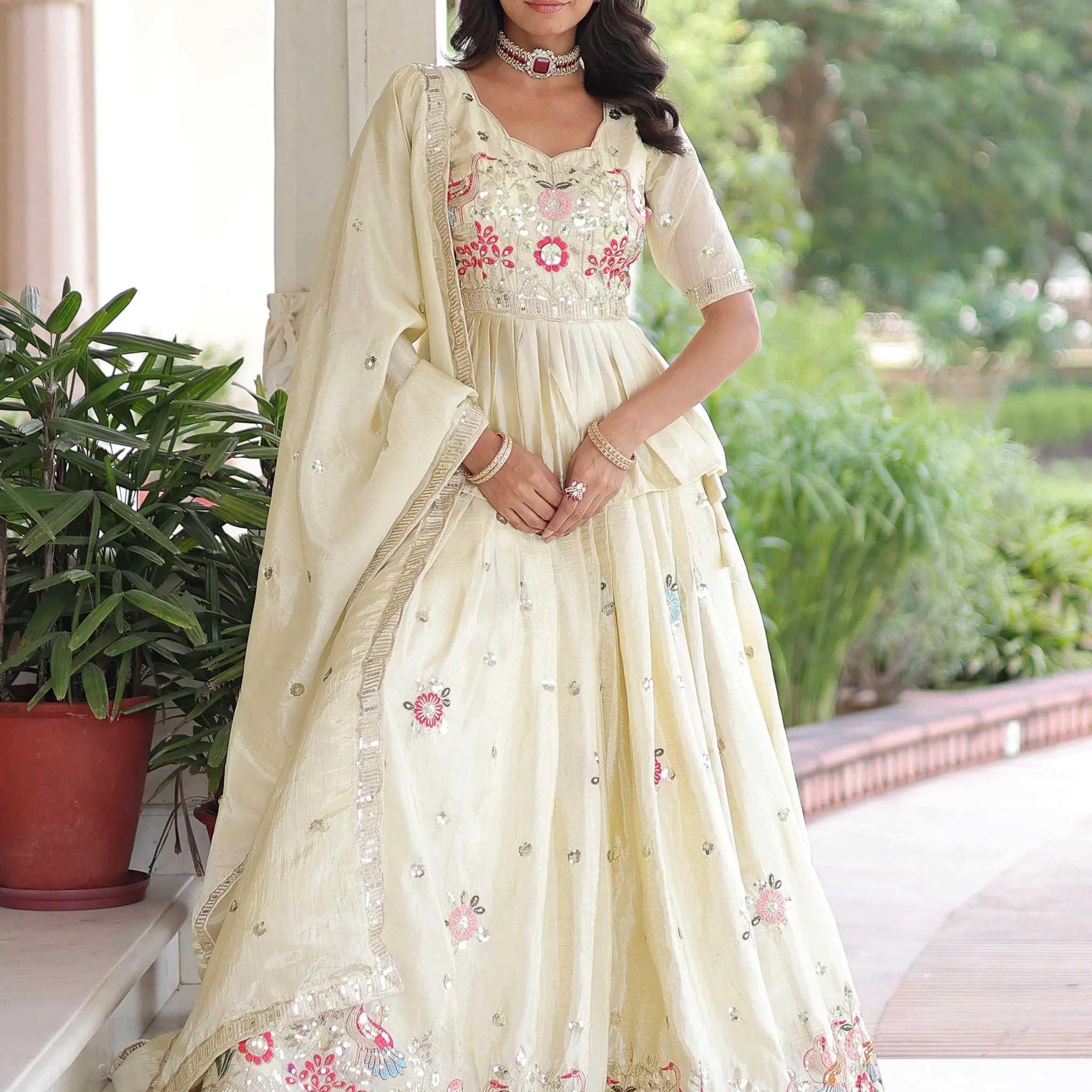 Wonderful Cream Sequins Work Organza Event Wear Lehenga With Peplum Top