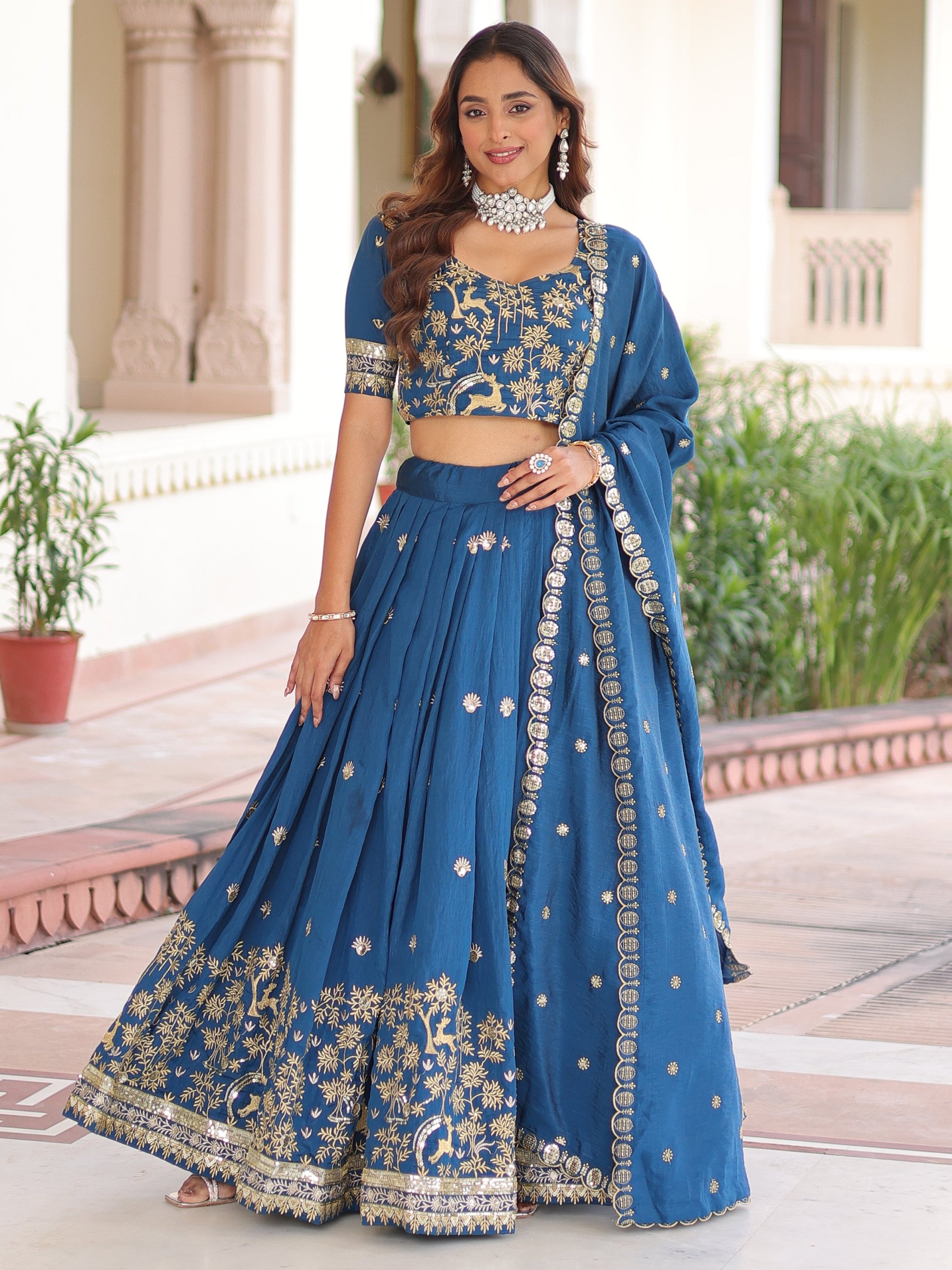 Beautiful Teal Blue Thread Embroidered Silk Festive Wear Lehenga Choli