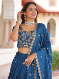 Beautiful Teal Blue Thread Embroidered Silk Festive Wear Lehenga Choli