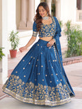Beautiful Teal Blue Thread Embroidered Silk Festive Wear Lehenga Choli