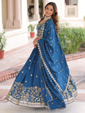 Beautiful Teal Blue Thread Embroidered Silk Festive Wear Lehenga Choli