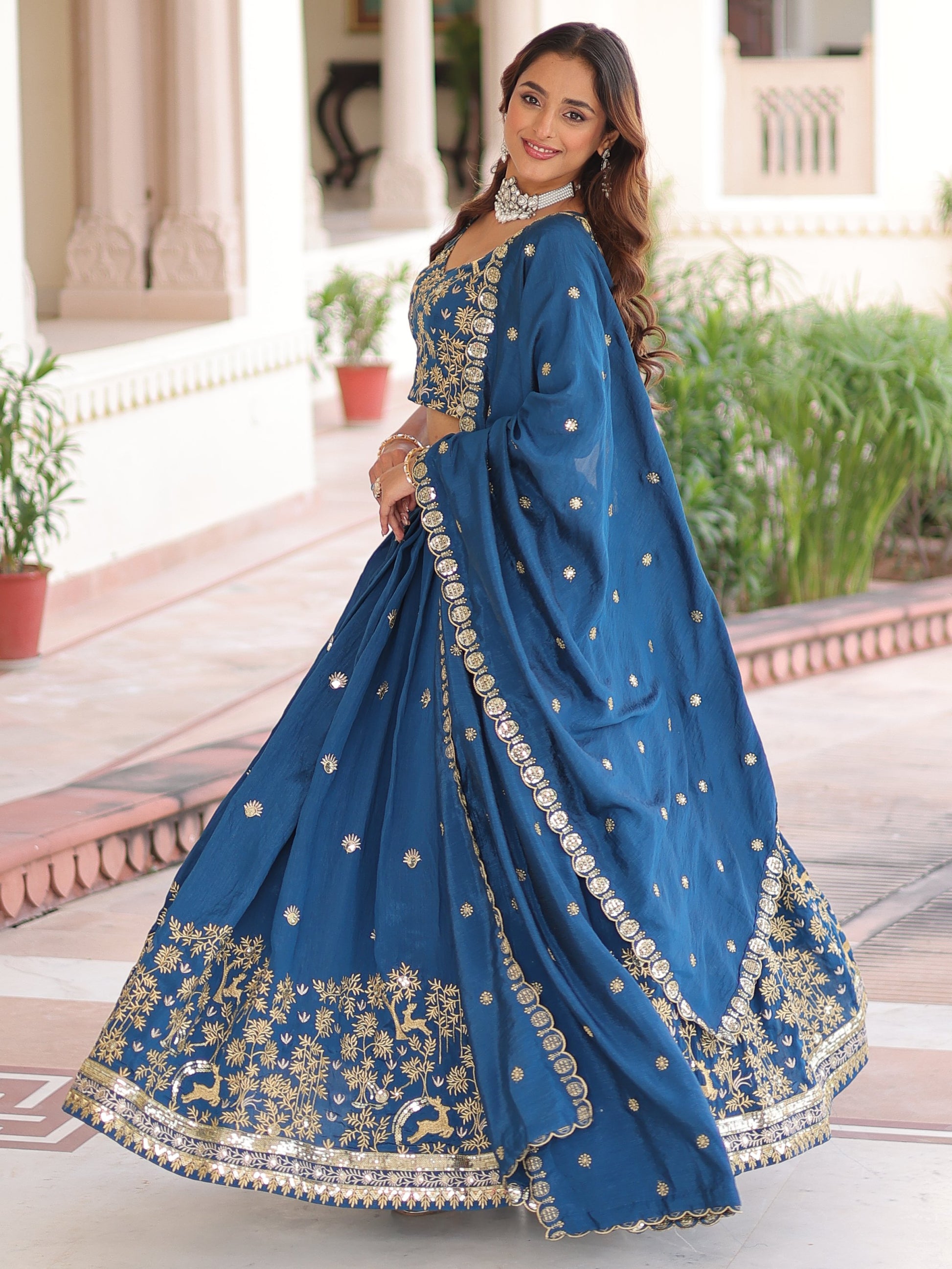 Beautiful Teal Blue Thread Embroidered Silk Festive Wear Lehenga Choli