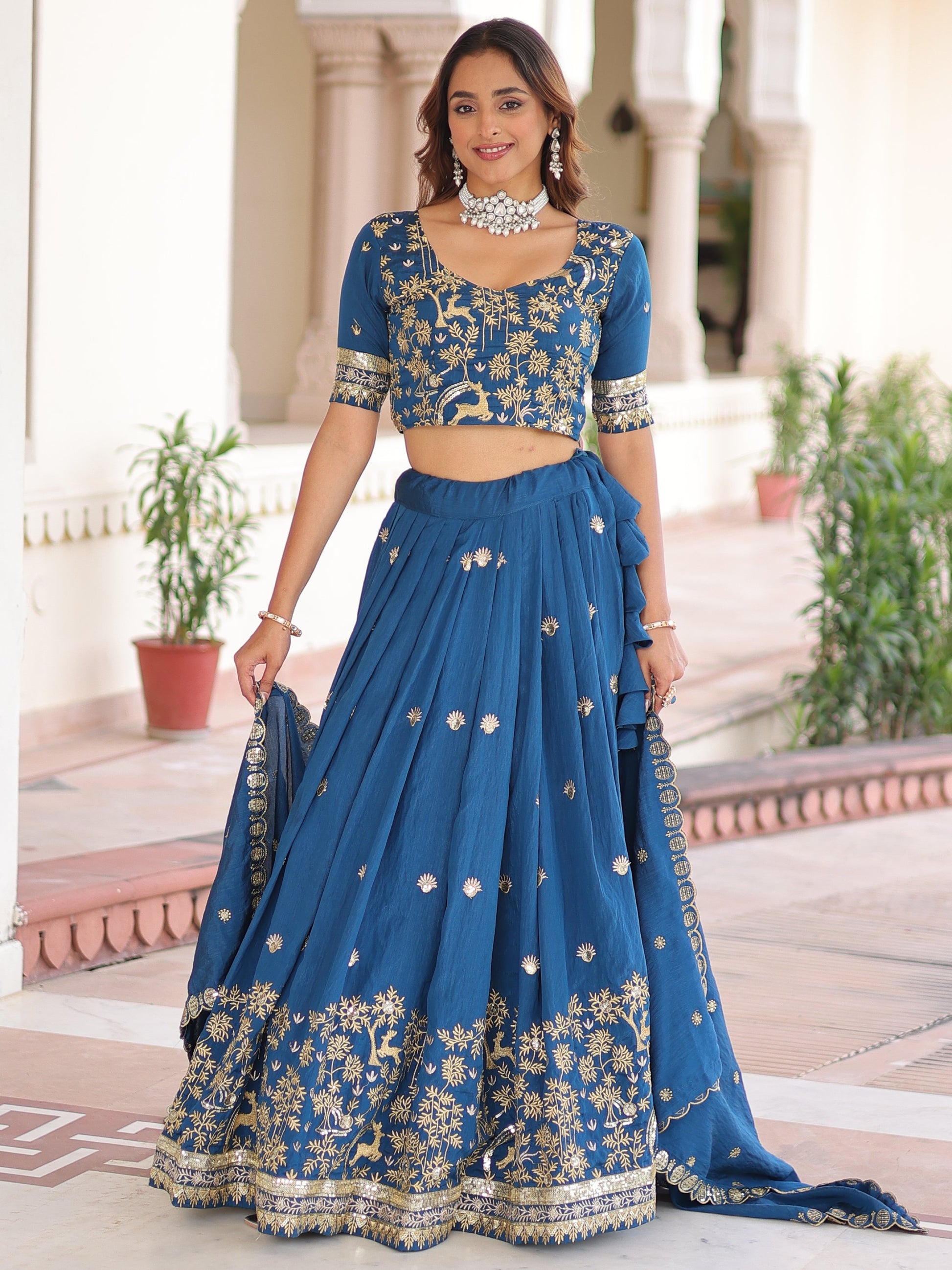 Beautiful Teal Blue Thread Embroidered Silk Festive Wear Lehenga Choli