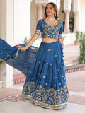 Beautiful Teal Blue Thread Embroidered Silk Festive Wear Lehenga Choli