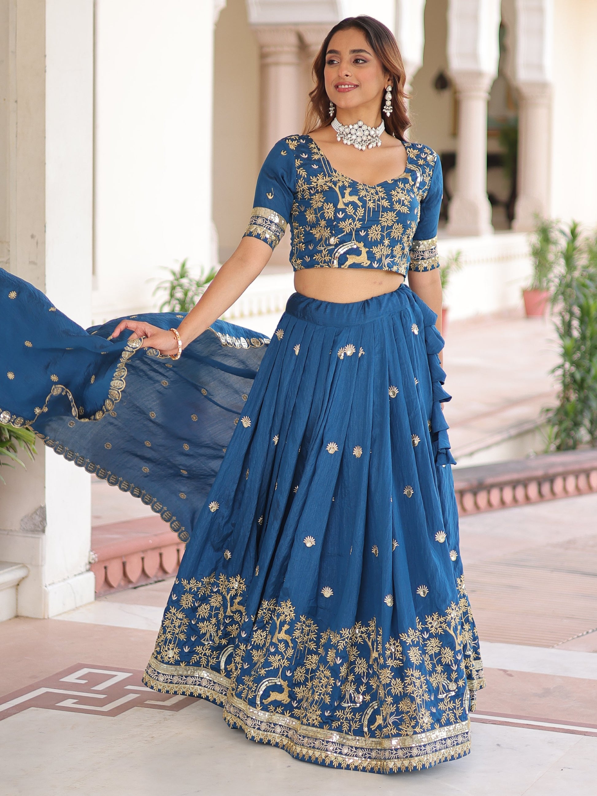Beautiful Teal Blue Thread Embroidered Silk Festive Wear Lehenga Choli