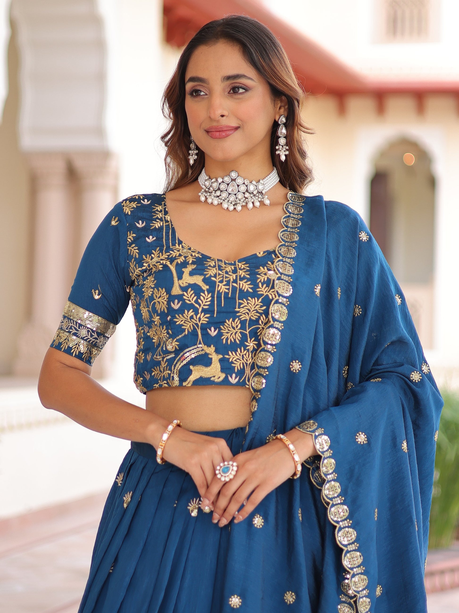 Beautiful Teal Blue Thread Embroidered Silk Festive Wear Lehenga Choli