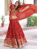 Magnificent Orange Sequins Silk Wedding Wear Lehenga Choli With Dupatta