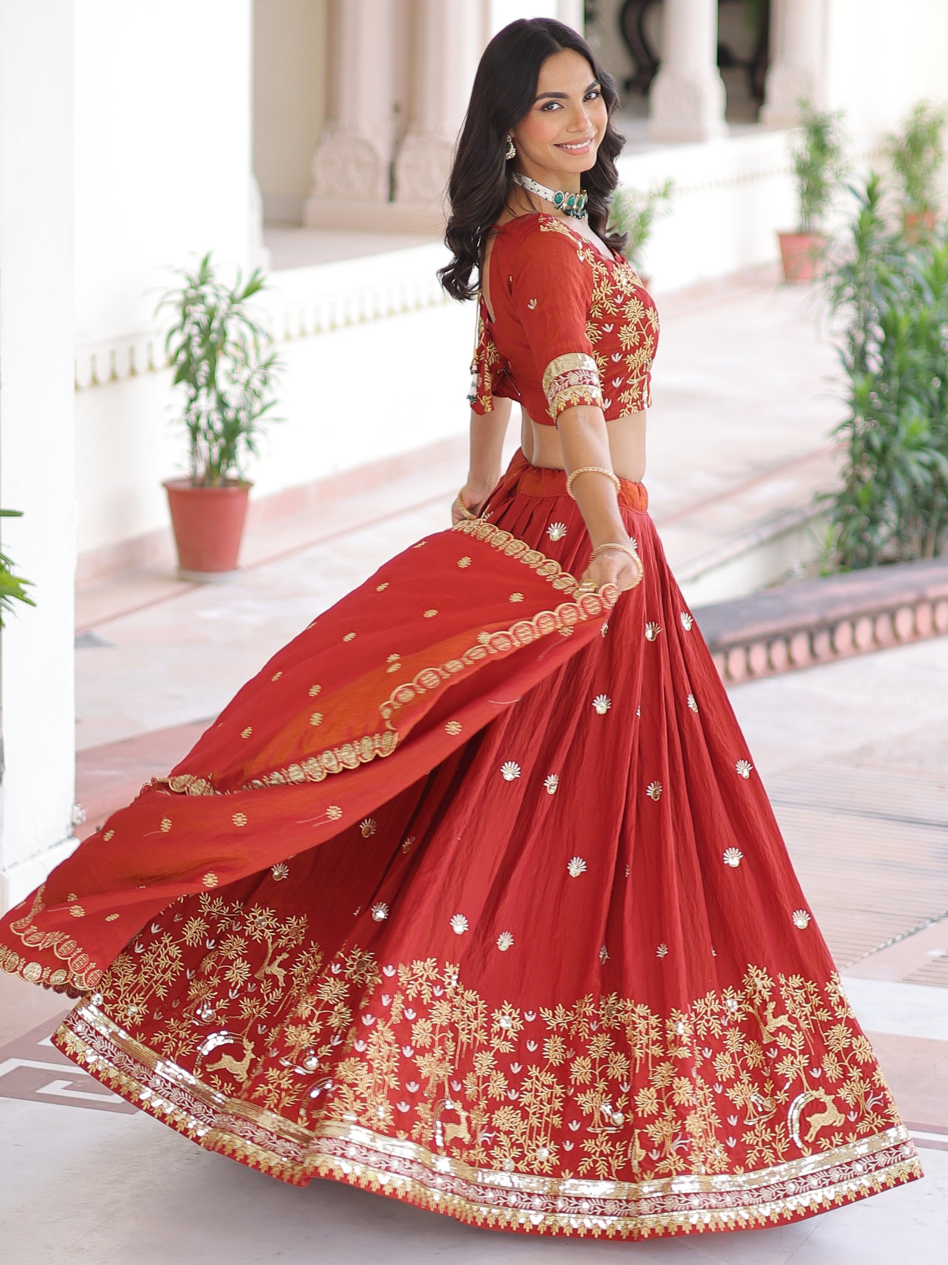 Magnificent Orange Sequins Silk Wedding Wear Lehenga Choli With Dupatta