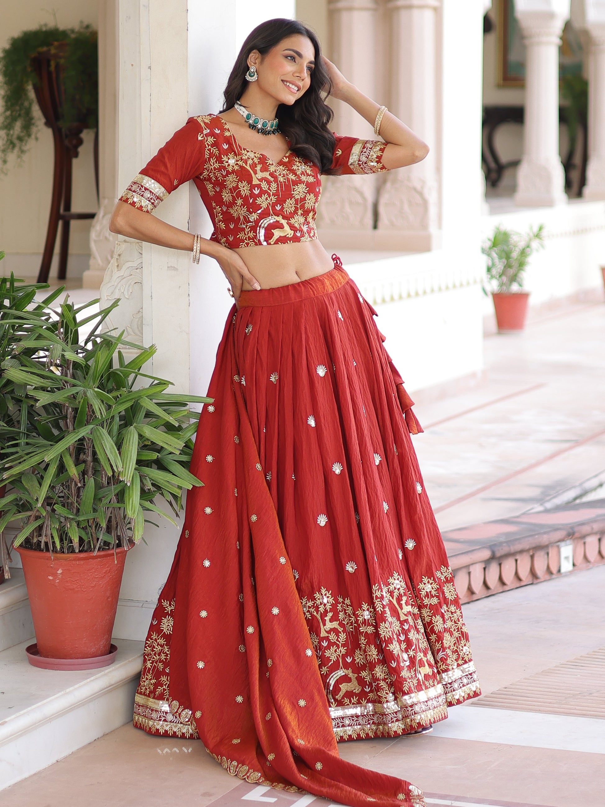 Magnificent Orange Sequins Silk Wedding Wear Lehenga Choli With Dupatta