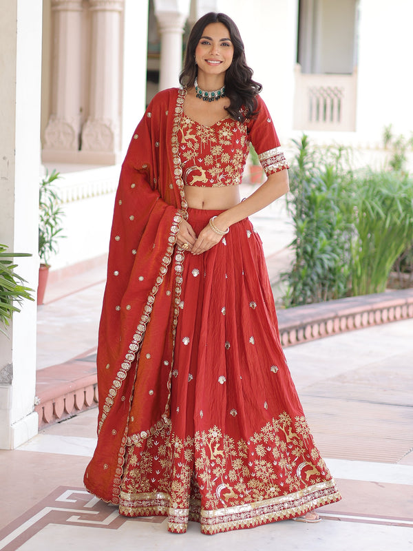 Magnificent Orange Sequins Silk Wedding Wear Lehenga Choli With Dupatta