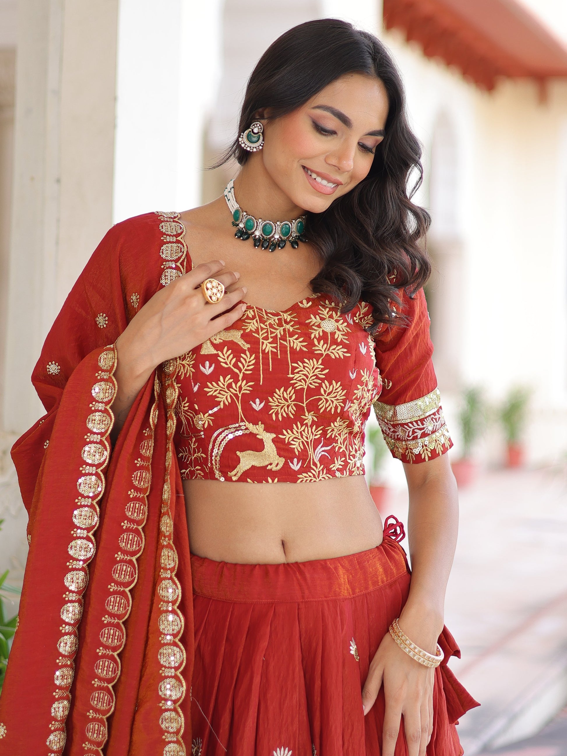 Magnificent Orange Sequins Silk Wedding Wear Lehenga Choli With Dupatta