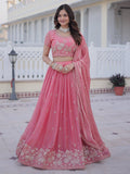 Stylish Rose Pink Zari Embroidery Silk Bridesmaid Lehenga Choli With Dupatta