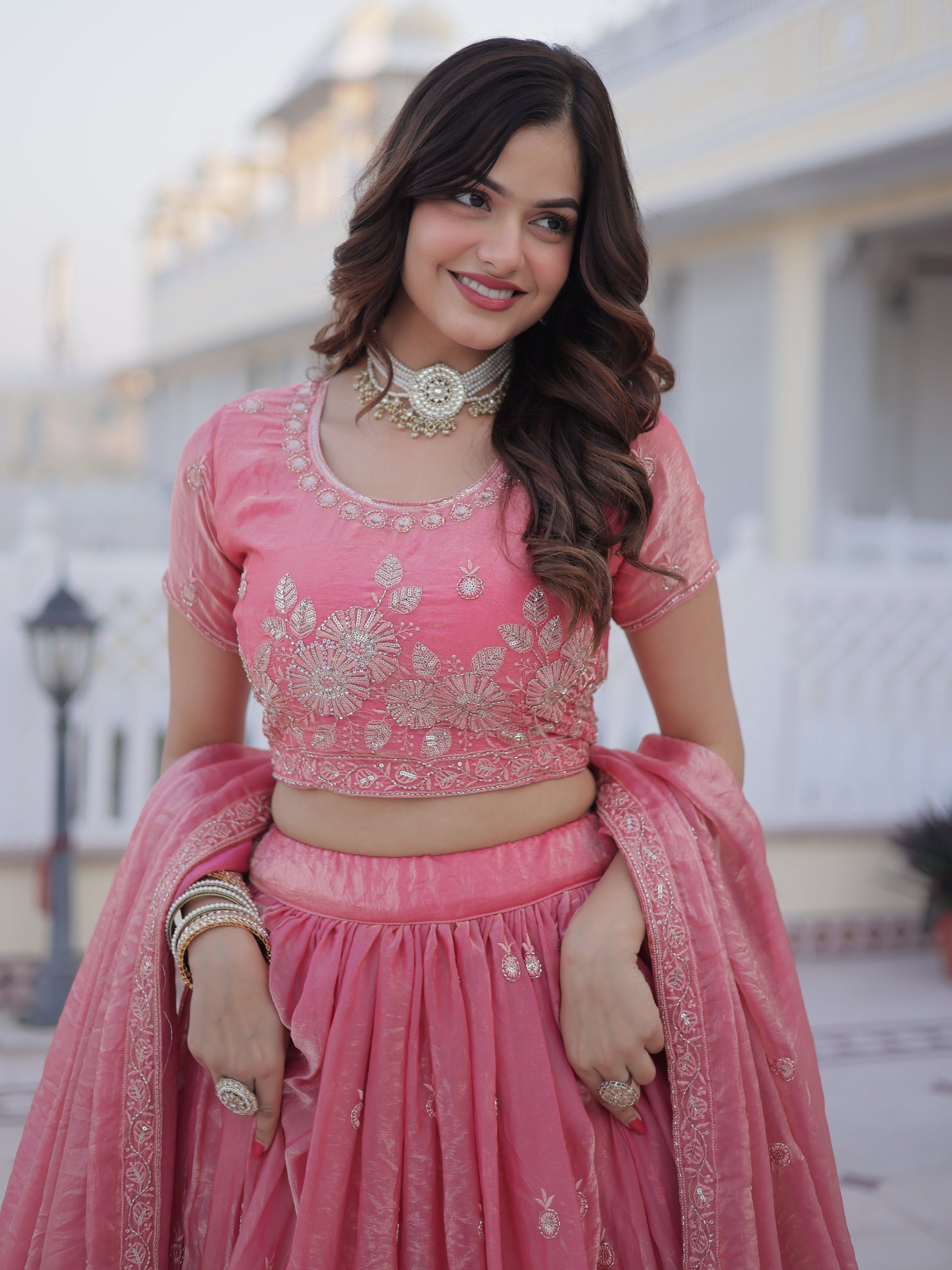 Stylish Rose Pink Zari Embroidery Silk Bridesmaid Lehenga Choli With Dupatta