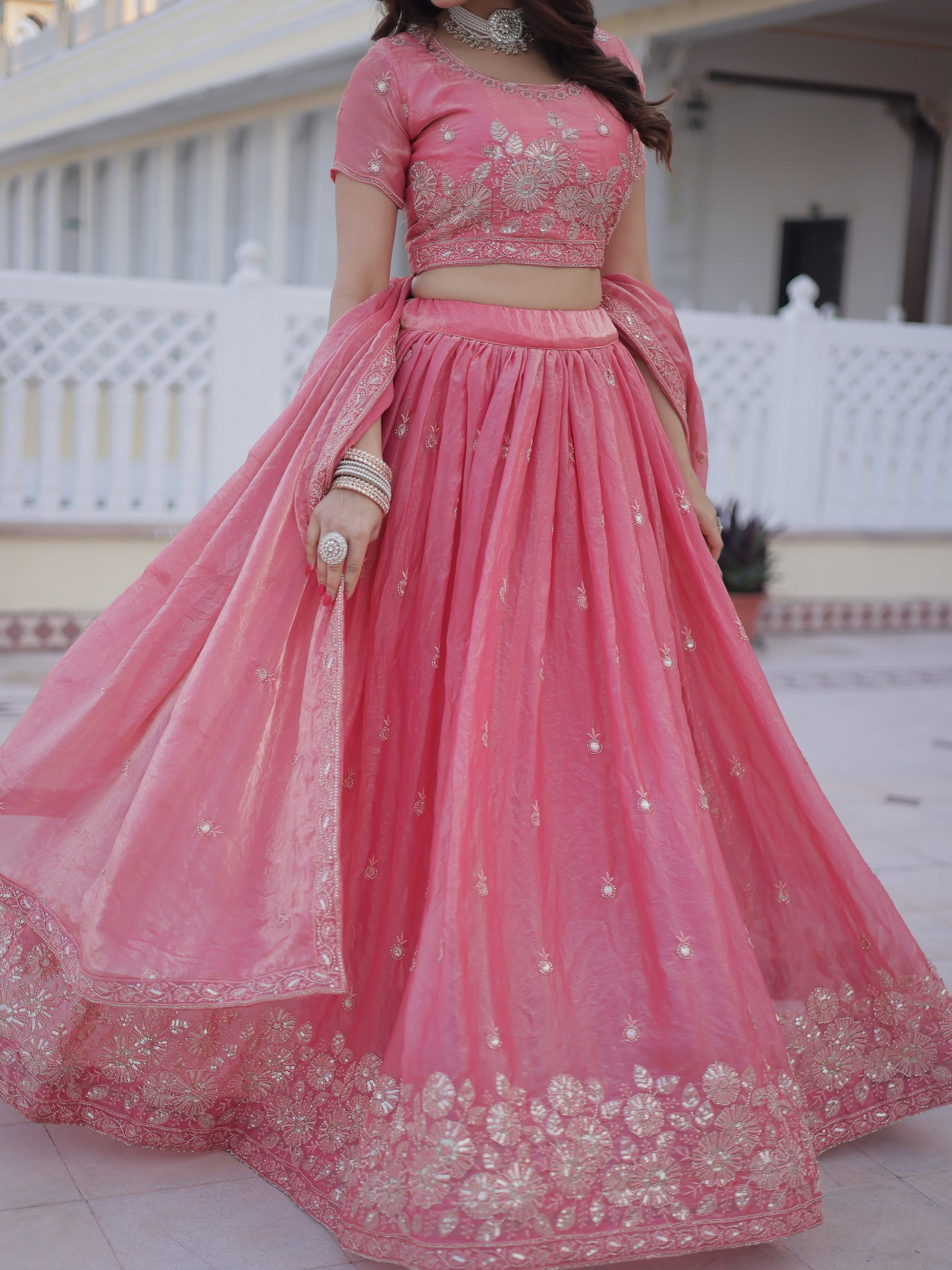 Stylish Rose Pink Zari Embroidery Silk Bridesmaid Lehenga Choli With Dupatta