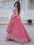Stylish Rose Pink Zari Embroidery Silk Bridesmaid Lehenga Choli With Dupatta