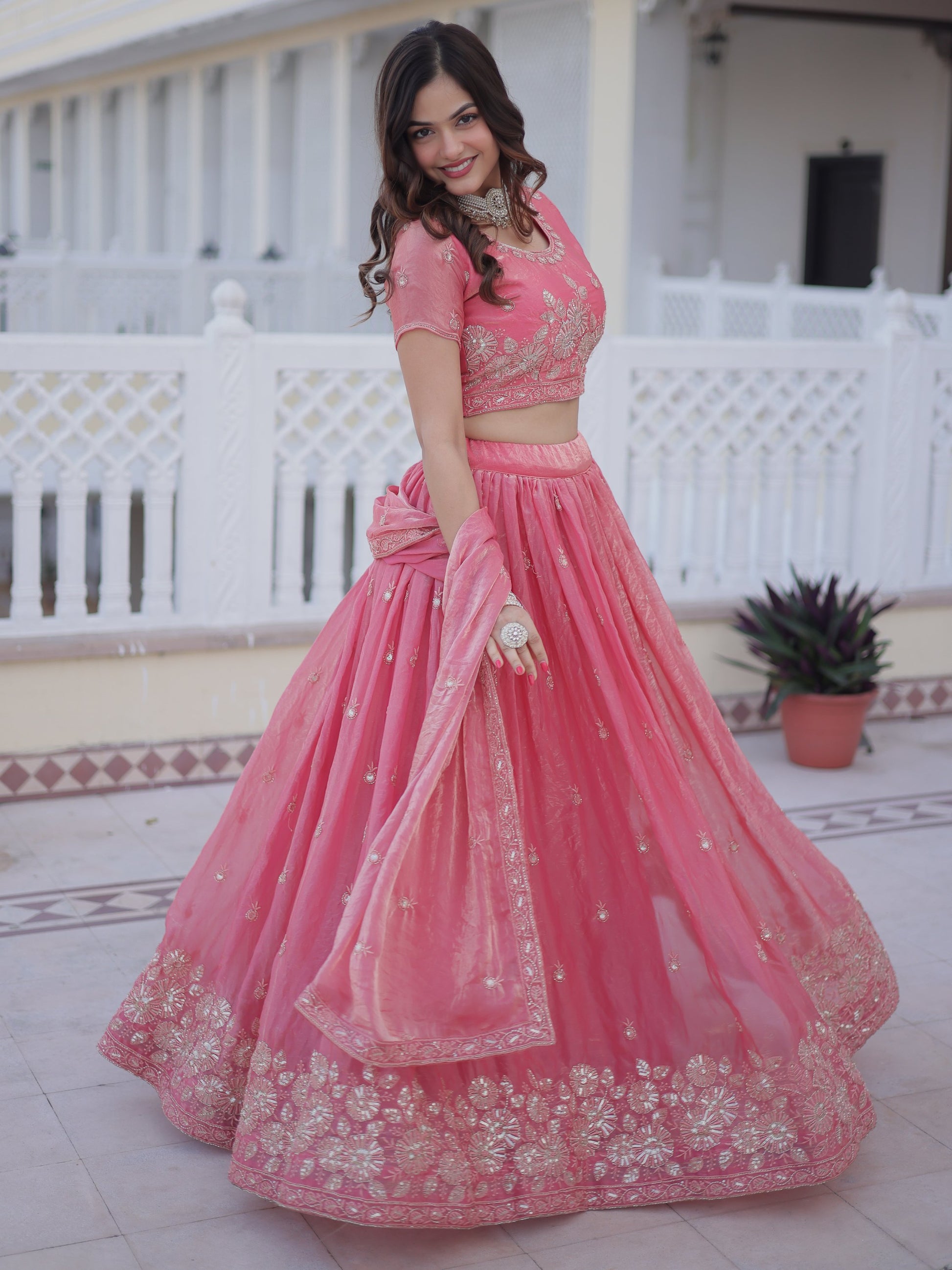Stylish Rose Pink Zari Embroidery Silk Bridesmaid Lehenga Choli With Dupatta