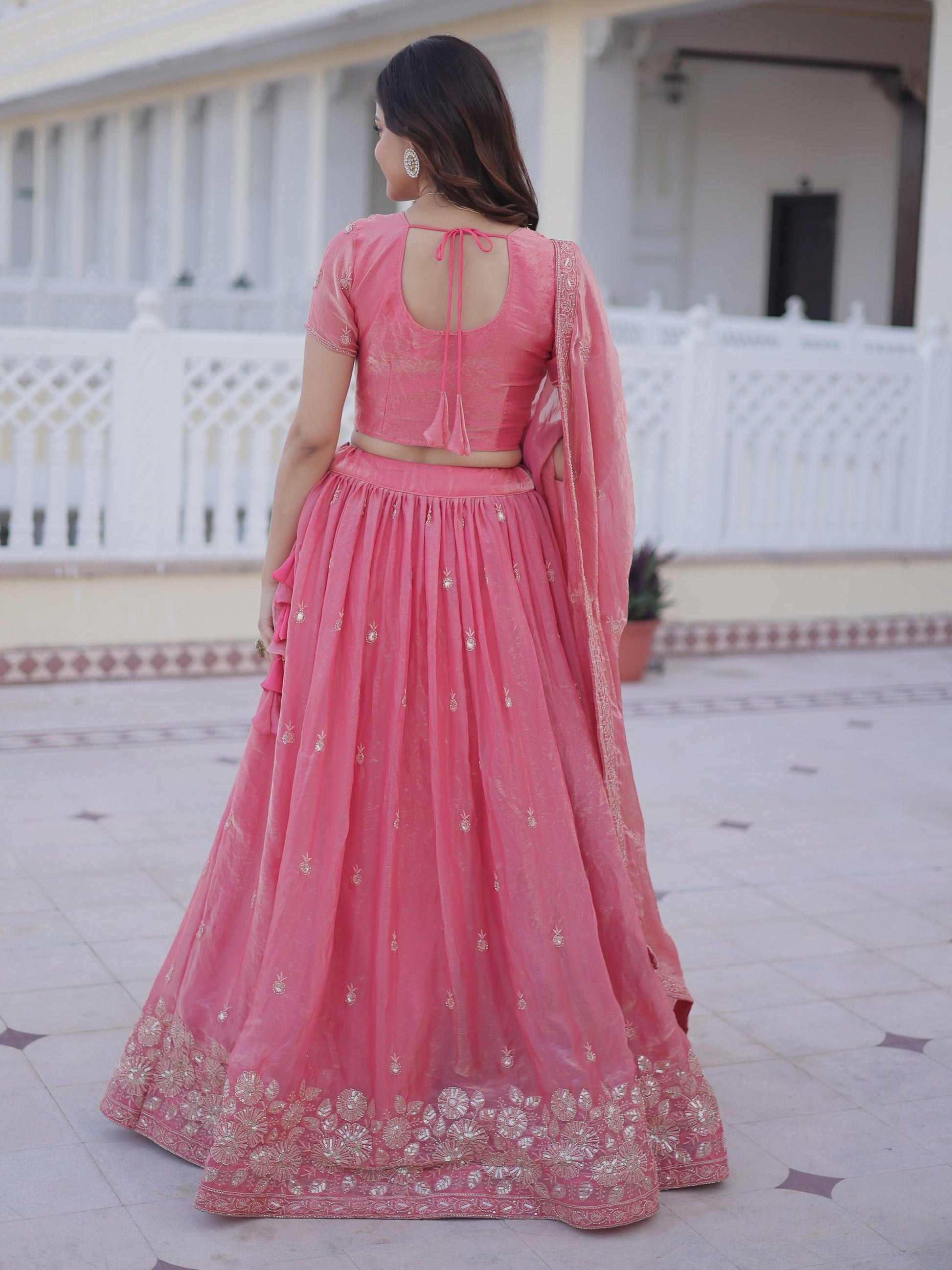 Stylish Rose Pink Zari Embroidery Silk Bridesmaid Lehenga Choli With Dupatta