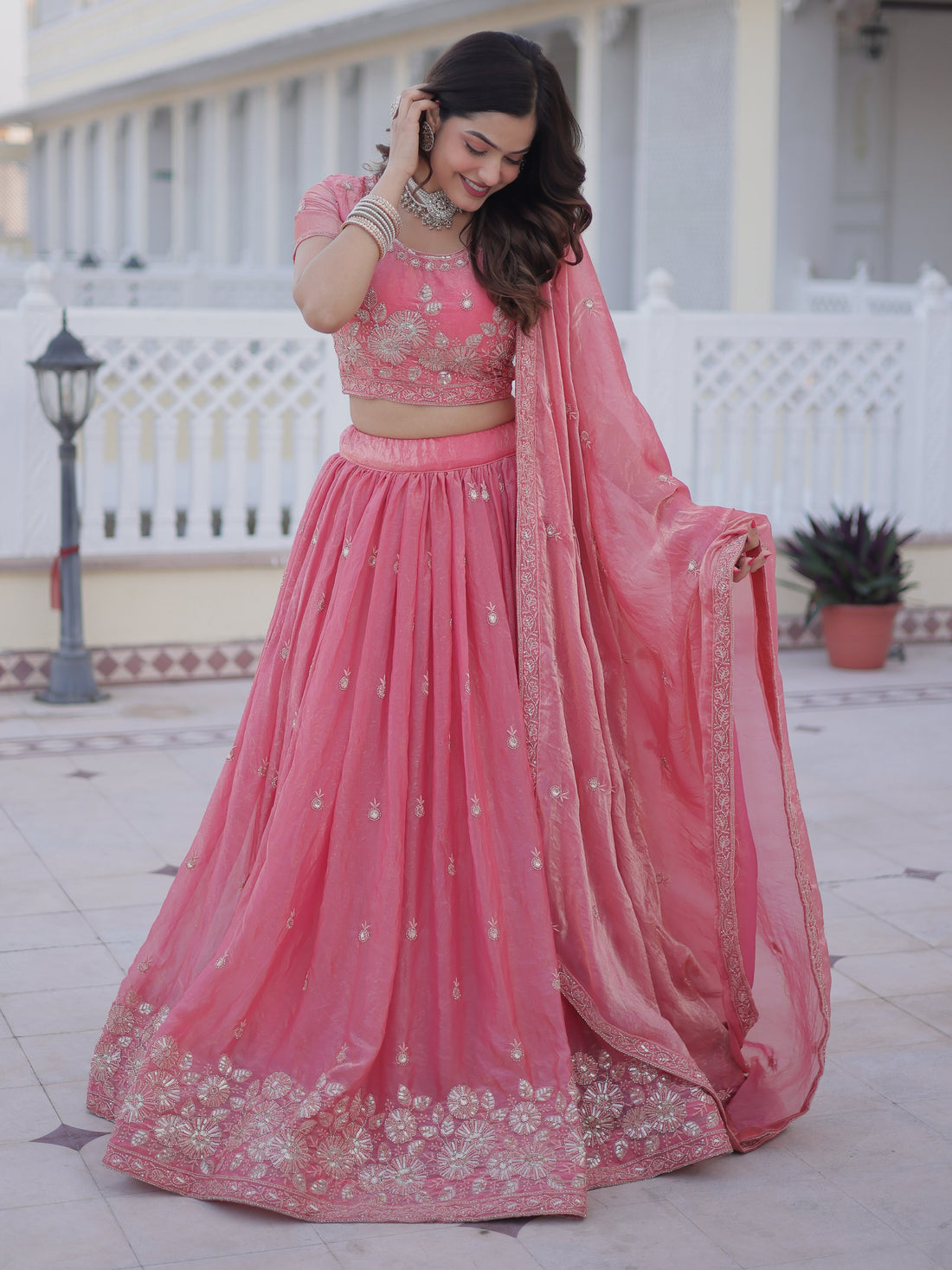 Stylish Rose Pink Zari Embroidery Silk Bridesmaid Lehenga Choli With Dupatta