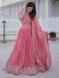 Stylish Rose Pink Zari Embroidery Silk Bridesmaid Lehenga Choli With Dupatta
