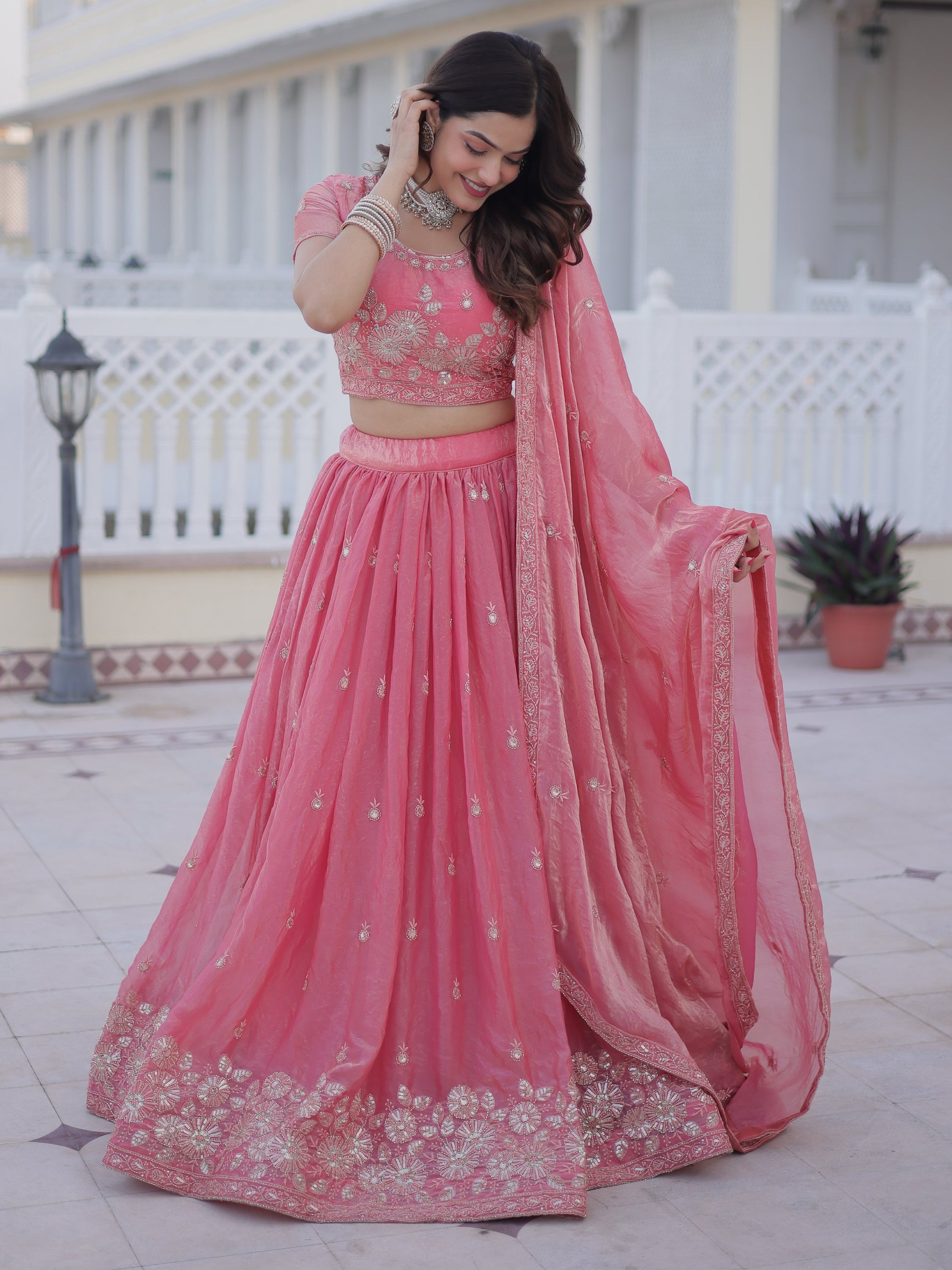Stylish Rose Pink Zari Embroidery Silk Bridesmaid Lehenga Choli With Dupatta