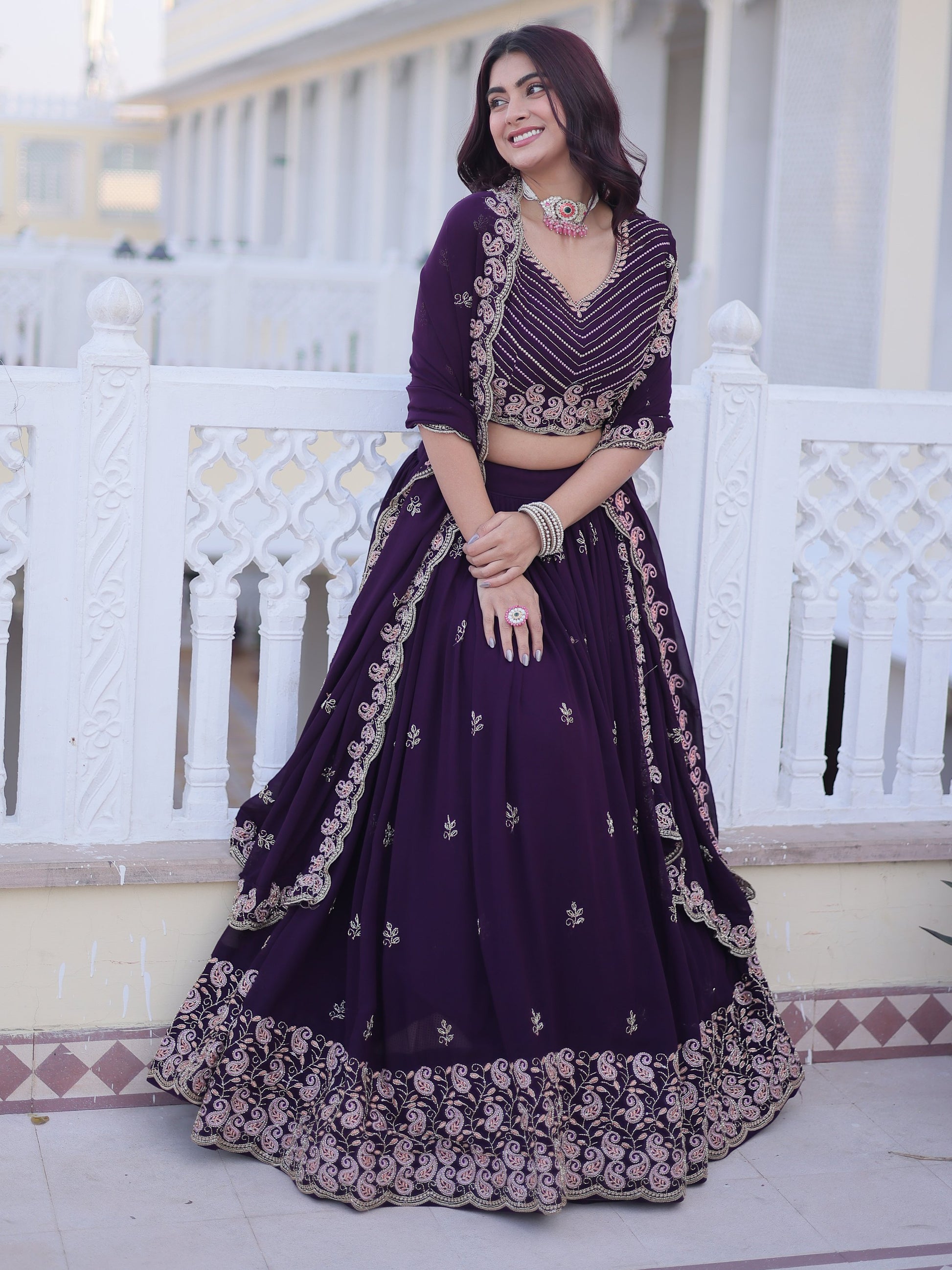 Stylish Wine Zari Embroidery Georgette Reception Wear Lehenga With Blouse