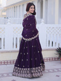 Stylish Wine Zari Embroidery Georgette Reception Wear Lehenga With Blouse