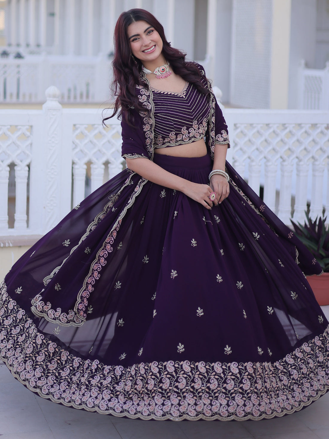 Stylish Wine Zari Embroidery Georgette Reception Wear Lehenga With Blouse