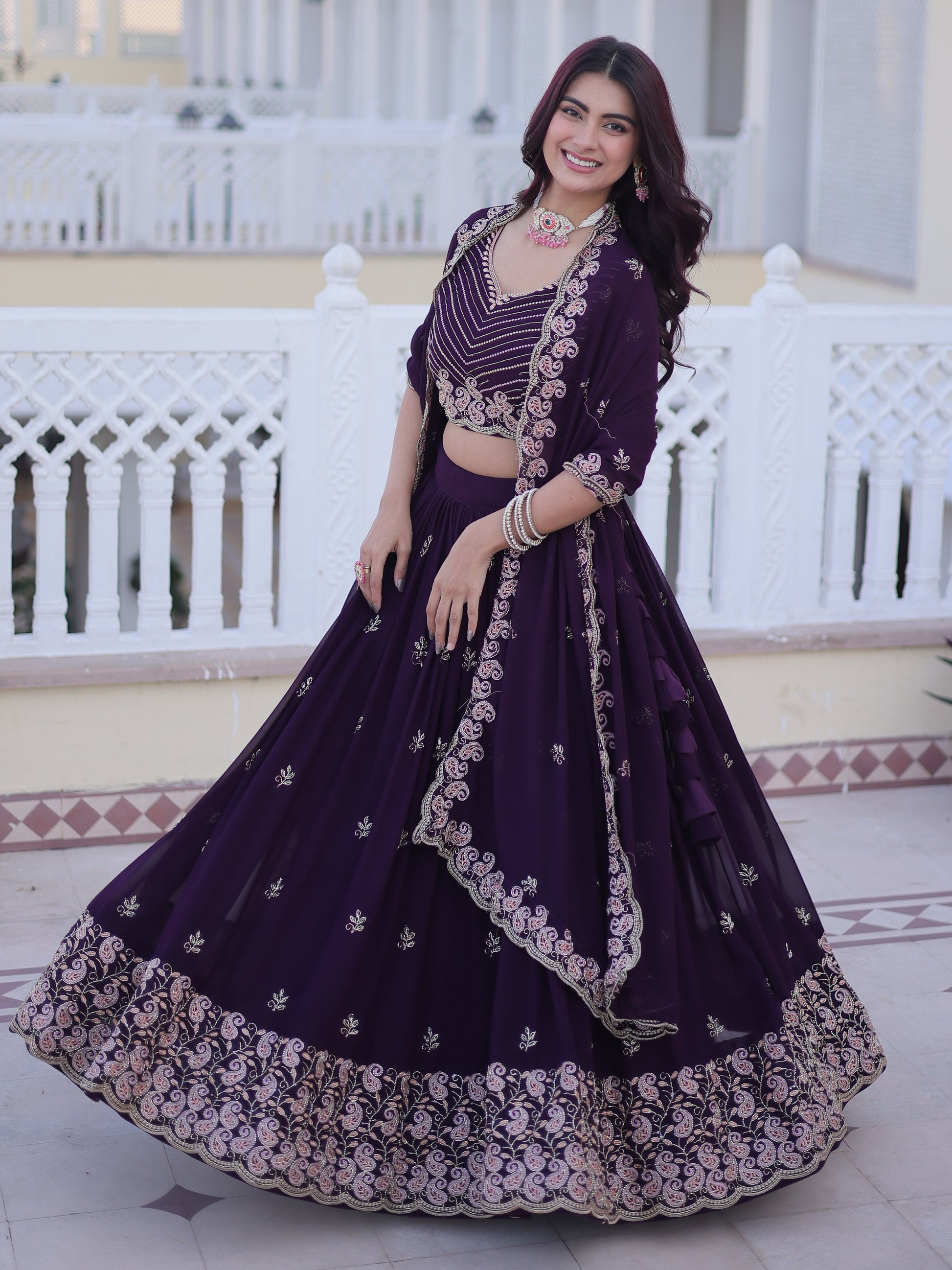 Stylish Wine Zari Embroidery Georgette Reception Wear Lehenga With Blouse